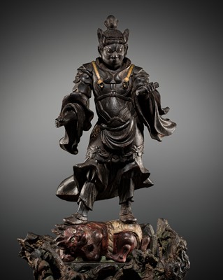 A LARGE POLYCHROME WOOD FIGURE OF KOMOKUTEN (VIRUPAKSHA), THE GUARDIAN KING OF THE WEST, MUROMACHI PERIOD