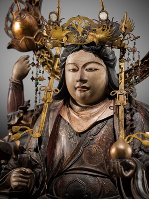Lot 119 - A LARGE (90 CM) AND IMPRESSIVE GILT AND POLYCHROME WOOD FIGURE OF UGA BENZAITEN, 16TH CENTURY