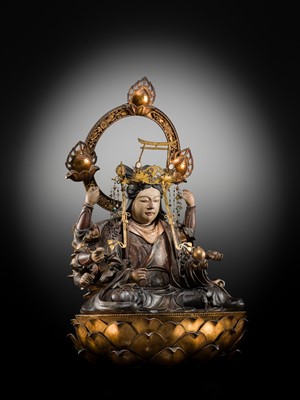 Lot 119 - A LARGE (90 CM) AND IMPRESSIVE GILT AND POLYCHROME WOOD FIGURE OF UGA BENZAITEN, 16TH CENTURY