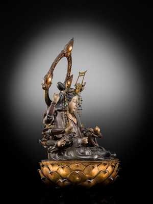 Lot 119 - A LARGE (90 CM) AND IMPRESSIVE GILT AND POLYCHROME WOOD FIGURE OF UGA BENZAITEN, 16TH CENTURY