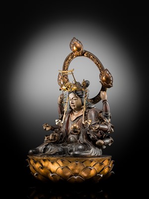 Lot 119 - A LARGE (90 CM) AND IMPRESSIVE GILT AND POLYCHROME WOOD FIGURE OF UGA BENZAITEN, 16TH CENTURY