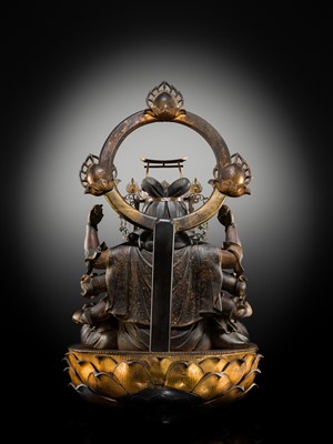 Lot 119 - A LARGE (90 CM) AND IMPRESSIVE GILT AND POLYCHROME WOOD FIGURE OF UGA BENZAITEN, 16TH CENTURY