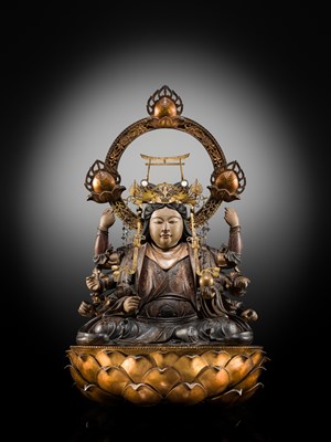 Lot 119 - A LARGE (90 CM) AND IMPRESSIVE GILT AND POLYCHROME WOOD FIGURE OF UGA BENZAITEN, 16TH CENTURY
