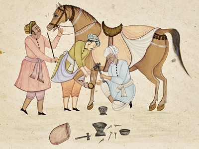 Lot 1234 - AN INDIAN MINIATURE PAINTING ‘AT THE FARRIER’, 19TH CENTURY