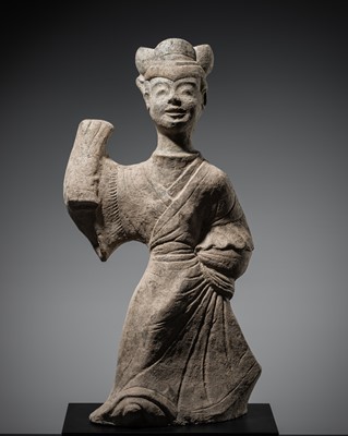 Lot 240 - A POTTERY FIGURE OF A FEMALE DANCER, EASTERN HAN DYNASTY