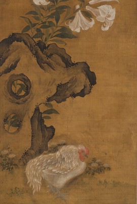 Lot 306 - YUN SHOUPING (1633-1690): ‘ROOSTER AND IRIS’, DATED 1689
