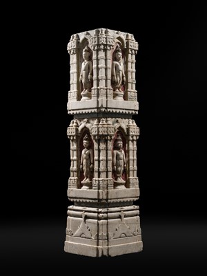 Lot 340 - A GILT AND POLYCHROME JAIN MARBLE ARCHITECTURAL COLUMN, GUJARAT OR RAJASTHAN, CIRCA 18TH CENTURY