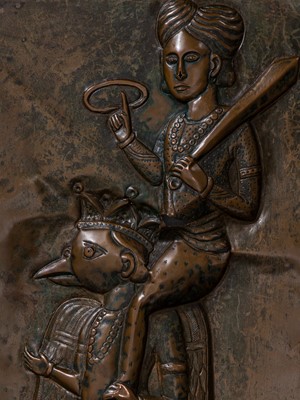 Lot 346 - A RARE COPPER REPOUSSÉ ‘VISHNU ON GARUDA’ PLAQUE, 19TH-EARLY 20TH CENTURY