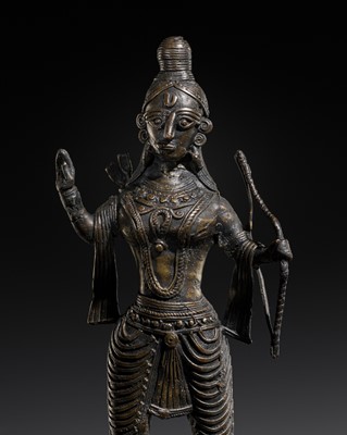 Lot 342 - A KONDH TRIBAL BRONZE FIGURE OF KARTIKEYA, ORISSA, 19TH CENTURY