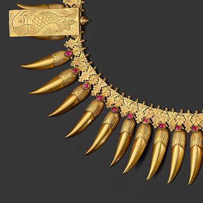 Lot 260 - A RUBY-INSET 18 CARAT GOLD (292 GRAMS) ‘JASMINE BUD’ BRIDAL NECKLACE, MALLIGAI ARUMBU MALAI, TAMIL NADU, 19TH CENTURY
