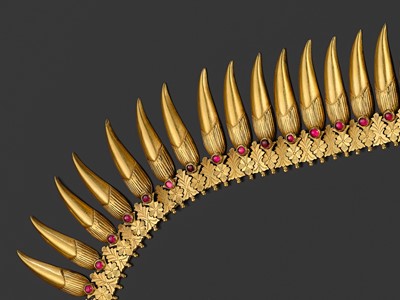 Lot 260 - A RUBY-INSET 18 CARAT GOLD (292 GRAMS) ‘JASMINE BUD’ BRIDAL NECKLACE, MALLIGAI ARUMBU MALAI, TAMIL NADU, 19TH CENTURY