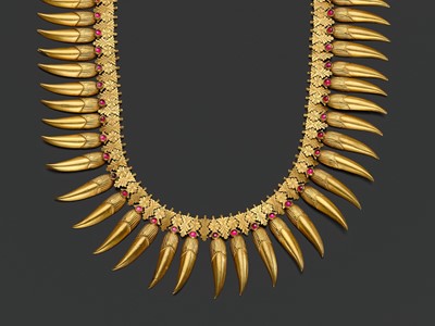 Lot 260 - A RUBY-INSET 18 CARAT GOLD (292 GRAMS) ‘JASMINE BUD’ BRIDAL NECKLACE, MALLIGAI ARUMBU MALAI, TAMIL NADU, 19TH CENTURY
