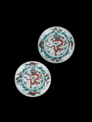 Lot 174 - A PAIR OF DOUCAI 'DRAGON AND CARP' DISHES, YONGZHENG MARKS AND PERIOD