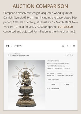 Lot 121 - A VERY LARGE (124 CM) AND IMPRESSIVE GILT-LACQUERED WOOD FIGURE OF DAINICHI NYORAI (MAHAVAIROCANA), EARLY EDO PERIOD