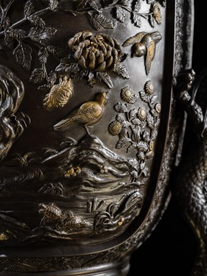 Lot 4 - HAYASHI HARUSADA: A MONUMENTAL (234 CM) PARCEL-GILT BRONZE ‘RYUJIN AND DRAGONS’ EXHIBITION KORO (INCENSE BURNER)