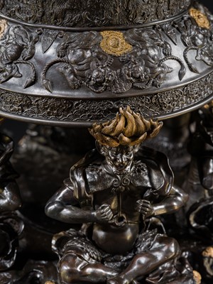Lot 4 - HAYASHI HARUSADA: A MONUMENTAL (234 CM) PARCEL-GILT BRONZE ‘RYUJIN AND DRAGONS’ EXHIBITION KORO (INCENSE BURNER)