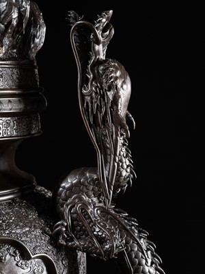 Lot 4 - HAYASHI HARUSADA: A MONUMENTAL (234 CM) PARCEL-GILT BRONZE ‘RYUJIN AND DRAGONS’ EXHIBITION KORO (INCENSE BURNER)