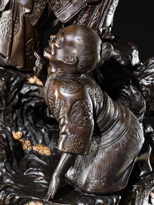 Lot 4 - HAYASHI HARUSADA: A MONUMENTAL (234 CM) PARCEL-GILT BRONZE ‘RYUJIN AND DRAGONS’ EXHIBITION KORO (INCENSE BURNER)