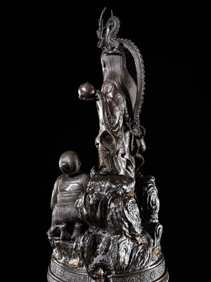 Lot 4 - HAYASHI HARUSADA: A MONUMENTAL (234 CM) PARCEL-GILT BRONZE ‘RYUJIN AND DRAGONS’ EXHIBITION KORO (INCENSE BURNER)