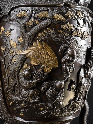 Lot 4 - HAYASHI HARUSADA: A MONUMENTAL (234 CM) PARCEL-GILT BRONZE ‘RYUJIN AND DRAGONS’ EXHIBITION KORO (INCENSE BURNER)