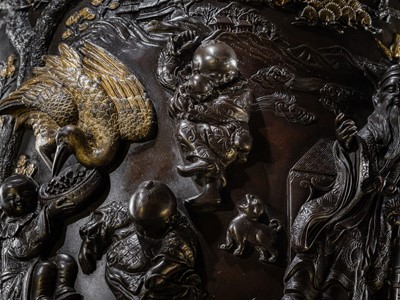 Lot 4 - HAYASHI HARUSADA: A MONUMENTAL (234 CM) PARCEL-GILT BRONZE ‘RYUJIN AND DRAGONS’ EXHIBITION KORO (INCENSE BURNER)