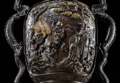 Lot 4 - HAYASHI HARUSADA: A MONUMENTAL (234 CM) PARCEL-GILT BRONZE ‘RYUJIN AND DRAGONS’ EXHIBITION KORO (INCENSE BURNER)