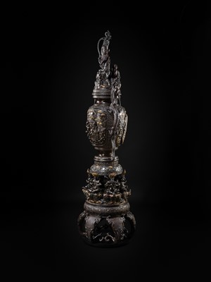 Lot 4 - HAYASHI HARUSADA: A MONUMENTAL (234 CM) PARCEL-GILT BRONZE ‘RYUJIN AND DRAGONS’ EXHIBITION KORO (INCENSE BURNER)