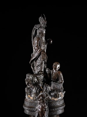 Lot 4 - HAYASHI HARUSADA: A MONUMENTAL (234 CM) PARCEL-GILT BRONZE ‘RYUJIN AND DRAGONS’ EXHIBITION KORO (INCENSE BURNER)