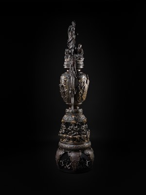 Lot 4 - HAYASHI HARUSADA: A MONUMENTAL (234 CM) PARCEL-GILT BRONZE ‘RYUJIN AND DRAGONS’ EXHIBITION KORO (INCENSE BURNER)