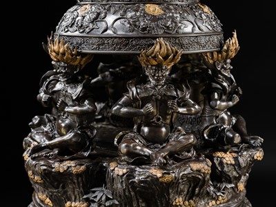 Lot 4 - HAYASHI HARUSADA: A MONUMENTAL (234 CM) PARCEL-GILT BRONZE ‘RYUJIN AND DRAGONS’ EXHIBITION KORO (INCENSE BURNER)
