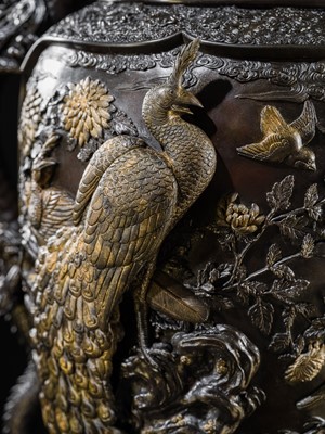 Lot 4 - HAYASHI HARUSADA: A MONUMENTAL (234 CM) PARCEL-GILT BRONZE ‘RYUJIN AND DRAGONS’ EXHIBITION KORO (INCENSE BURNER)