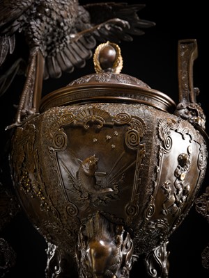 Lot 3 - HAYASHI HARUSADA: A MONUMENTAL (177 CM) PARCEL-GILT BRONZE ‘AUSPICIOUS ANIMALS’ EXHIBITION KORO (INCENSE BURNER)