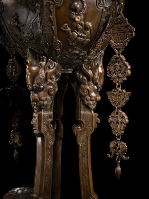 Lot 3 - HAYASHI HARUSADA: A MONUMENTAL (177 CM) PARCEL-GILT BRONZE ‘AUSPICIOUS ANIMALS’ EXHIBITION KORO (INCENSE BURNER)