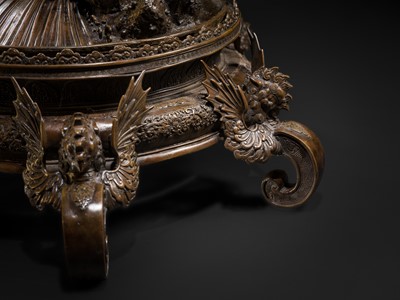 Lot 3 - HAYASHI HARUSADA: A MONUMENTAL (177 CM) PARCEL-GILT BRONZE ‘AUSPICIOUS ANIMALS’ EXHIBITION KORO (INCENSE BURNER)