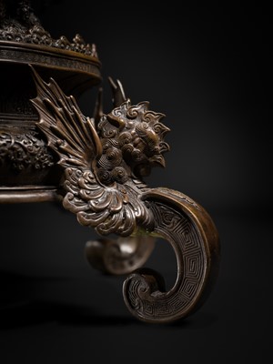 Lot 3 - HAYASHI HARUSADA: A MONUMENTAL (177 CM) PARCEL-GILT BRONZE ‘AUSPICIOUS ANIMALS’ EXHIBITION KORO (INCENSE BURNER)