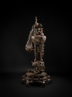 Lot 3 - HAYASHI HARUSADA: A MONUMENTAL (177 CM) PARCEL-GILT BRONZE ‘AUSPICIOUS ANIMALS’ EXHIBITION KORO (INCENSE BURNER)