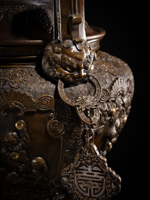 Lot 3 - HAYASHI HARUSADA: A MONUMENTAL (177 CM) PARCEL-GILT BRONZE ‘AUSPICIOUS ANIMALS’ EXHIBITION KORO (INCENSE BURNER)