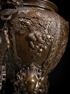 Lot 3 - HAYASHI HARUSADA: A MONUMENTAL (177 CM) PARCEL-GILT BRONZE ‘AUSPICIOUS ANIMALS’ EXHIBITION KORO (INCENSE BURNER)