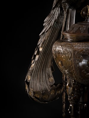 Lot 3 - HAYASHI HARUSADA: A MONUMENTAL (177 CM) PARCEL-GILT BRONZE ‘AUSPICIOUS ANIMALS’ EXHIBITION KORO (INCENSE BURNER)
