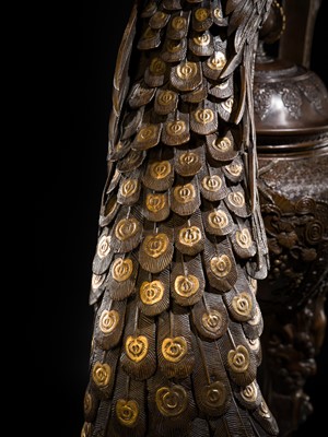 Lot 3 - HAYASHI HARUSADA: A MONUMENTAL (177 CM) PARCEL-GILT BRONZE ‘AUSPICIOUS ANIMALS’ EXHIBITION KORO (INCENSE BURNER)