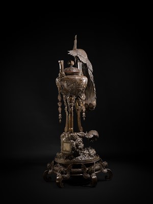 Lot 3 - HAYASHI HARUSADA: A MONUMENTAL (177 CM) PARCEL-GILT BRONZE ‘AUSPICIOUS ANIMALS’ EXHIBITION KORO (INCENSE BURNER)