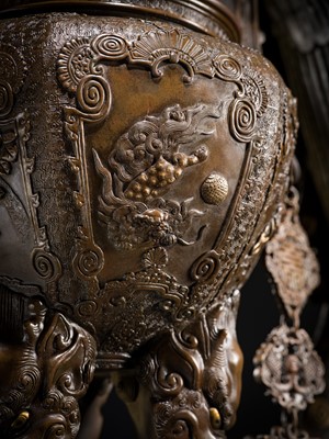 Lot 3 - HAYASHI HARUSADA: A MONUMENTAL (177 CM) PARCEL-GILT BRONZE ‘AUSPICIOUS ANIMALS’ EXHIBITION KORO (INCENSE BURNER)