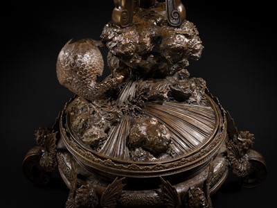 Lot 3 - HAYASHI HARUSADA: A MONUMENTAL (177 CM) PARCEL-GILT BRONZE ‘AUSPICIOUS ANIMALS’ EXHIBITION KORO (INCENSE BURNER)