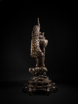 Lot 3 - HAYASHI HARUSADA: A MONUMENTAL (177 CM) PARCEL-GILT BRONZE ‘AUSPICIOUS ANIMALS’ EXHIBITION KORO (INCENSE BURNER)