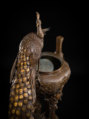 Lot 3 - HAYASHI HARUSADA: A MONUMENTAL (177 CM) PARCEL-GILT BRONZE ‘AUSPICIOUS ANIMALS’ EXHIBITION KORO (INCENSE BURNER)
