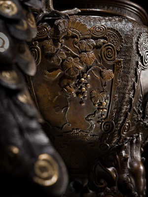 Lot 3 - HAYASHI HARUSADA: A MONUMENTAL (177 CM) PARCEL-GILT BRONZE ‘AUSPICIOUS ANIMALS’ EXHIBITION KORO (INCENSE BURNER)