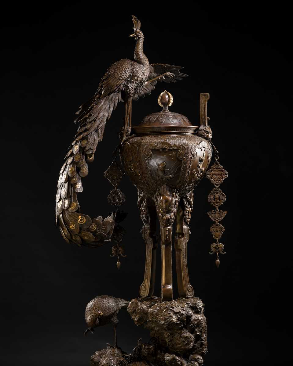 Lot 3 - HAYASHI HARUSADA: A MONUMENTAL (177 CM) PARCEL-GILT BRONZE ‘AUSPICIOUS ANIMALS’ EXHIBITION KORO (INCENSE BURNER)