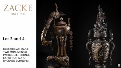 Lot 3 - HAYASHI HARUSADA: A MONUMENTAL (177 CM) PARCEL-GILT BRONZE ‘AUSPICIOUS ANIMALS’ EXHIBITION KORO (INCENSE BURNER)