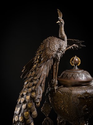 Lot 3 - HAYASHI HARUSADA: A MONUMENTAL (177 CM) PARCEL-GILT BRONZE ‘AUSPICIOUS ANIMALS’ EXHIBITION KORO (INCENSE BURNER)