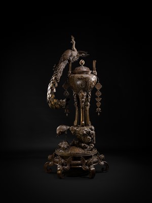 Lot 3 - HAYASHI HARUSADA: A MONUMENTAL (177 CM) PARCEL-GILT BRONZE ‘AUSPICIOUS ANIMALS’ EXHIBITION KORO (INCENSE BURNER)